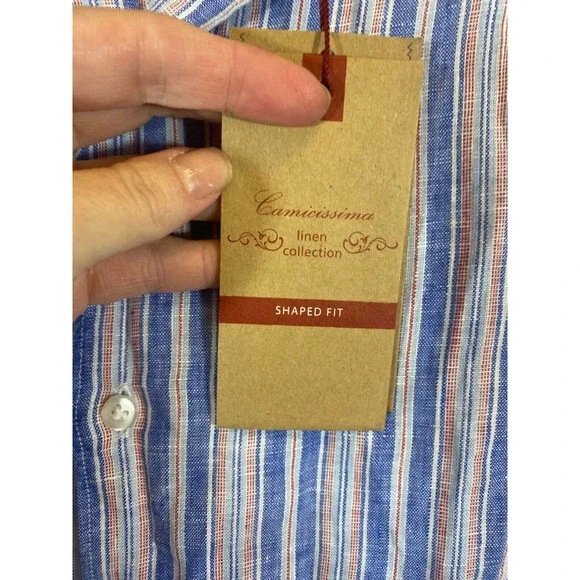 NWT Camicissima Milano Mens Long Sleeve Dress Shirt Linen size 38 (M) Stripe D25 - Picture 4 of 7